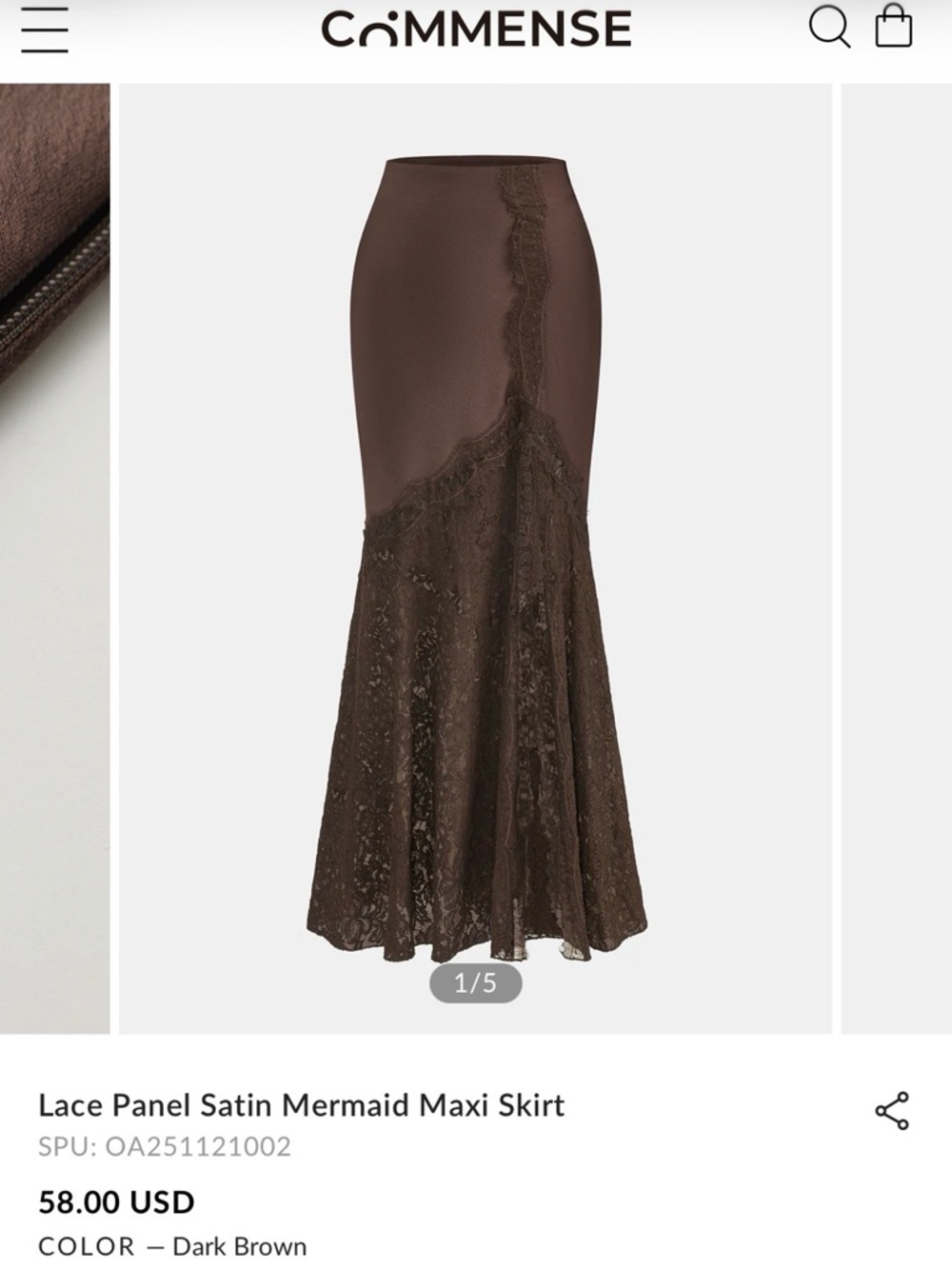 Commense Chocolate Brown Lace-Panel Satin Mermaid Maxi Skirt
